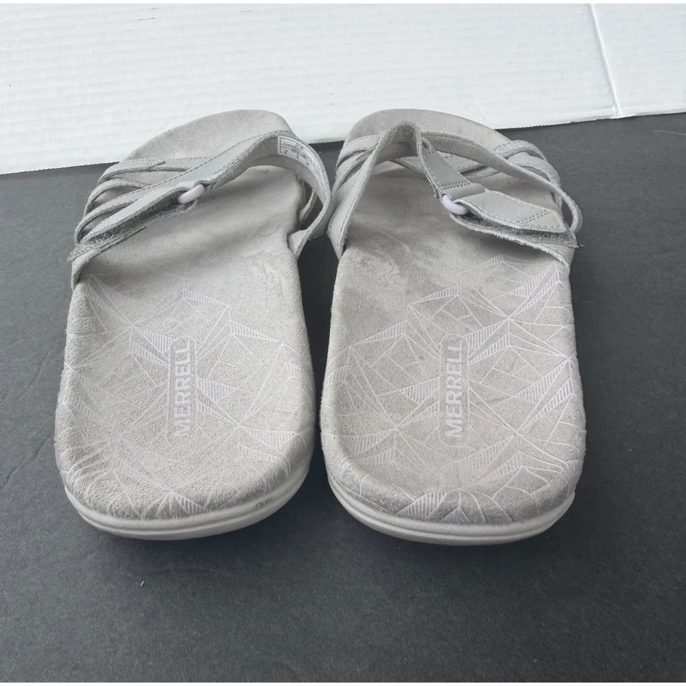 Merrell‎ Terran 3 Leather Cush Slide Moon Gray Comfort Slip On Sandals Sz 8